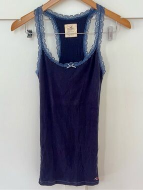 Vintage Hollister Navy Blue Lace Trim Ribbed Cami Tank Top